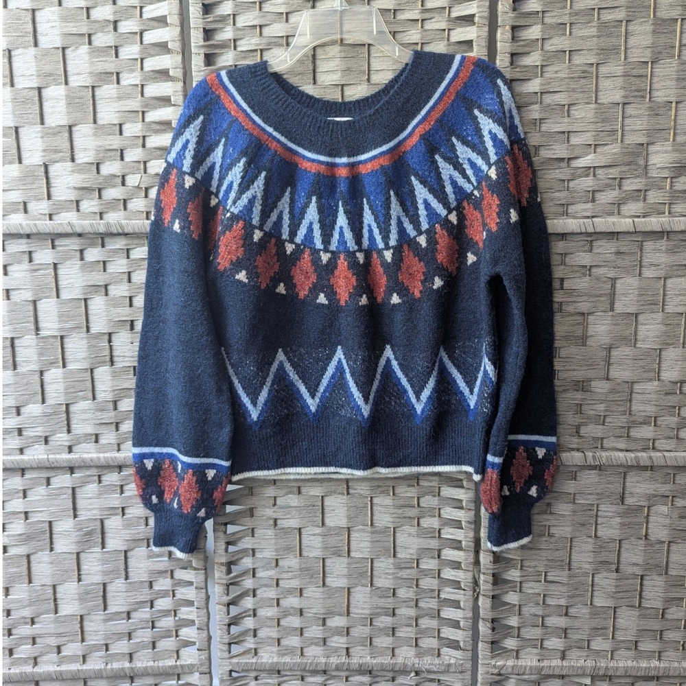 Sundry Fair Isle Geometric Knit Sweater Navy Blue Wool Alpaca Blend Sz M Nordic